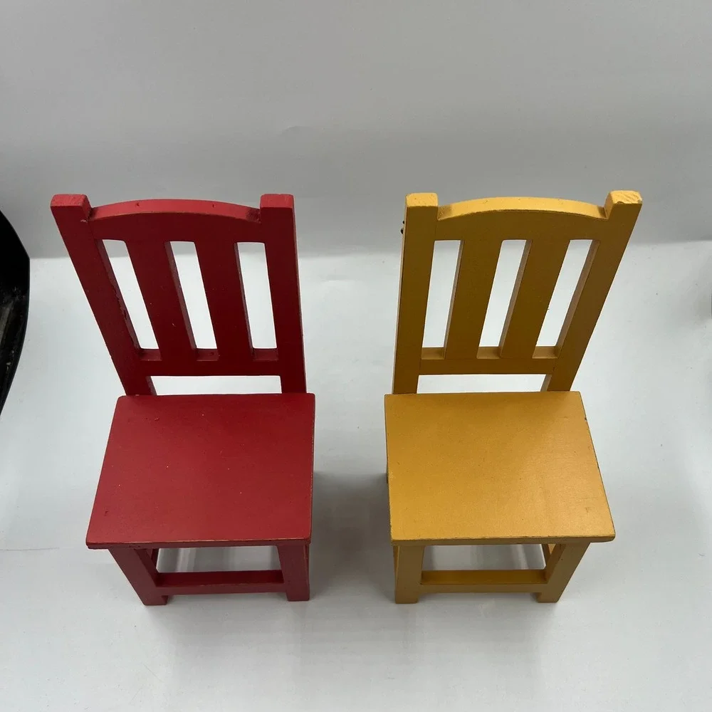 Vintage Red Mustard Wooden Chair Wall Shelves Set Folk Art Nursery Decor 10in
